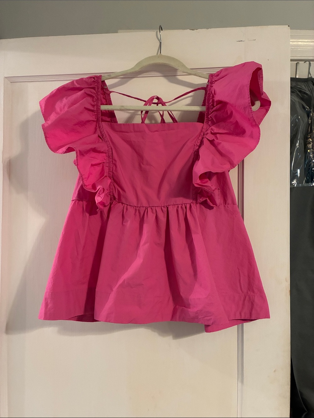 Square-Neck Ruffle Sleeve Peplum Top - Hot Pink